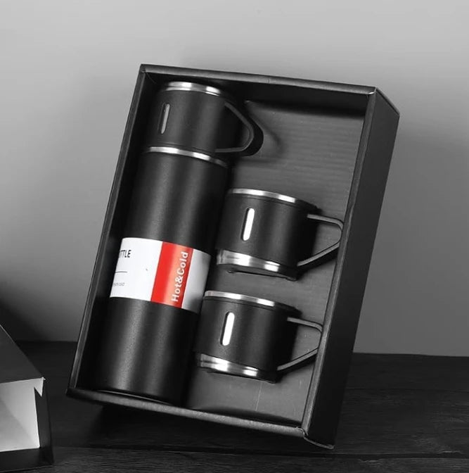 🔥 Kit Garrafa Térmica Inox 500ml + Xícaras – Bebidas Sempre Quente ou Gelada, Onde Você Estiver!