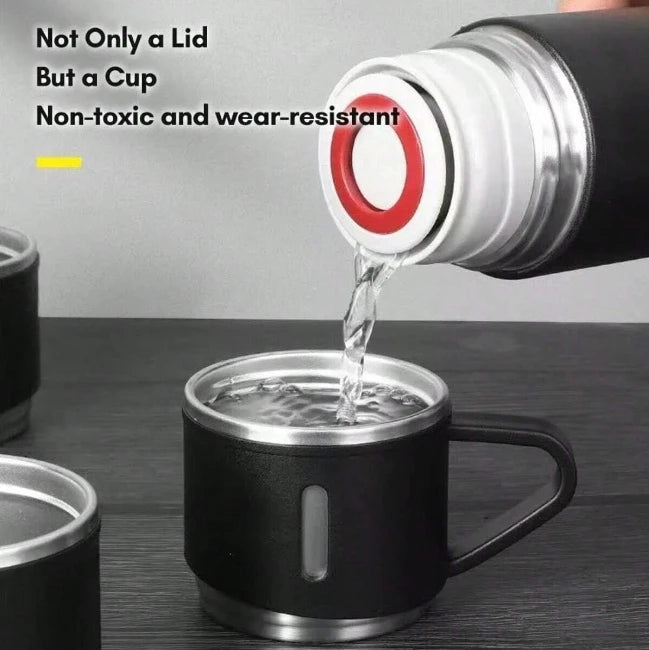 🔥 Kit Garrafa Térmica Inox 500ml + Xícaras – Bebidas Sempre Quente ou Gelada, Onde Você Estiver!