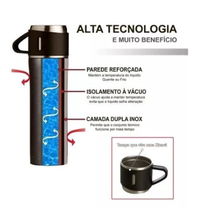 đ„ Kit Garrafa TĂ©rmica Inox 500ml + XĂcaras â Bebidas Sempre Quente ou Gelada, Onde VocĂȘ Estiver!