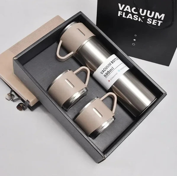 🔥 Kit Garrafa Térmica Inox 500ml + Xícaras – Bebidas Sempre Quente ou Gelada, Onde Você Estiver!