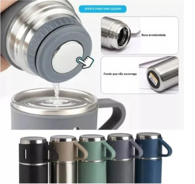 🔥 Kit Garrafa Térmica Inox 500ml + Xícaras – Bebidas Sempre Quente ou Gelada, Onde Você Estiver!