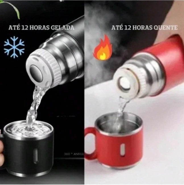 🔥 Kit Garrafa Térmica Inox 500ml + Xícaras – Bebidas Sempre Quente ou Gelada, Onde Você Estiver!