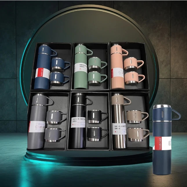 🔥 Kit Garrafa Térmica Inox 500ml + Xícaras – Bebidas Sempre Quente ou Gelada, Onde Você Estiver!